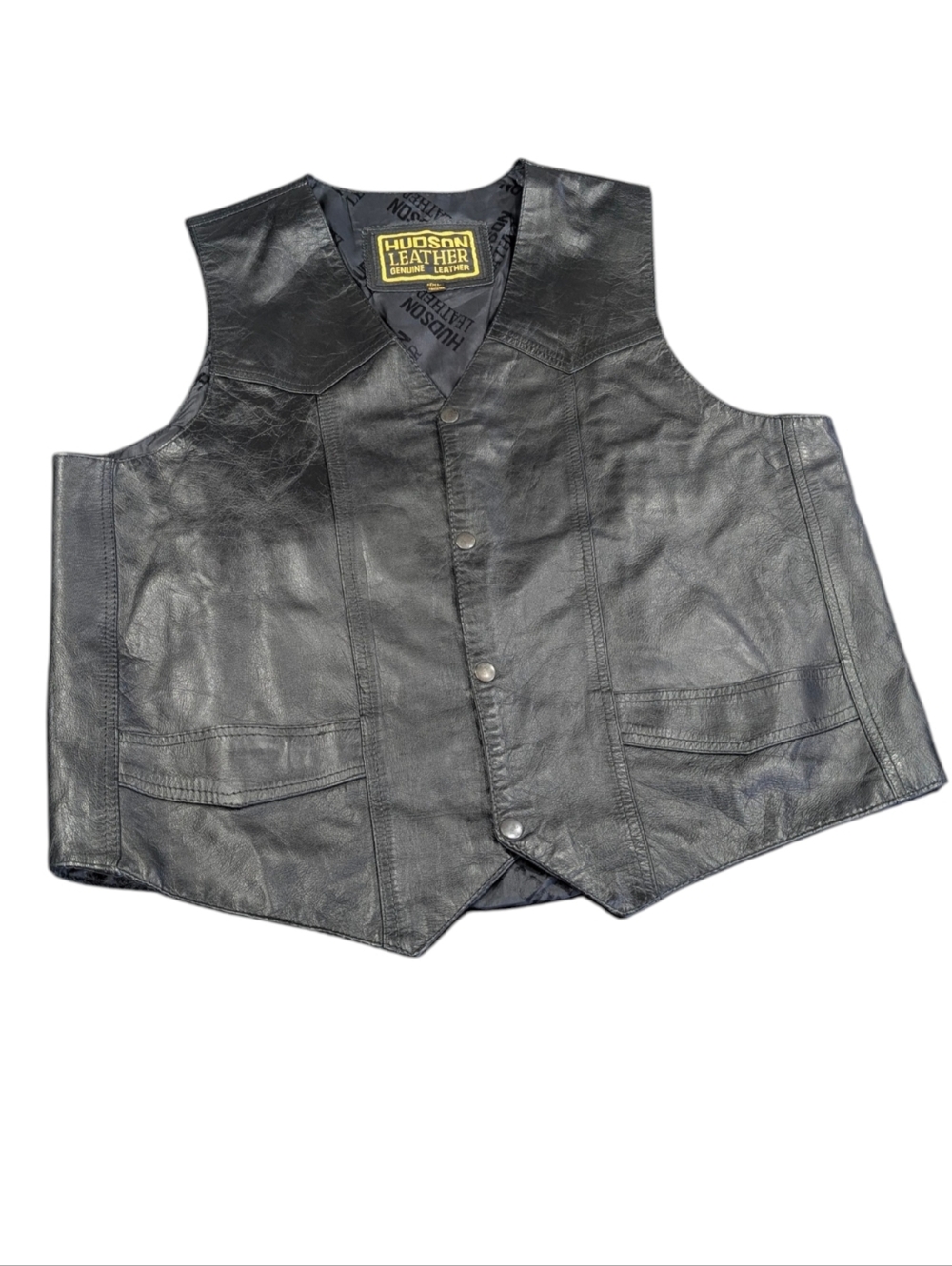 Hudson Leather Black Leather Snap-Front Vest W Pockets. 4XL
